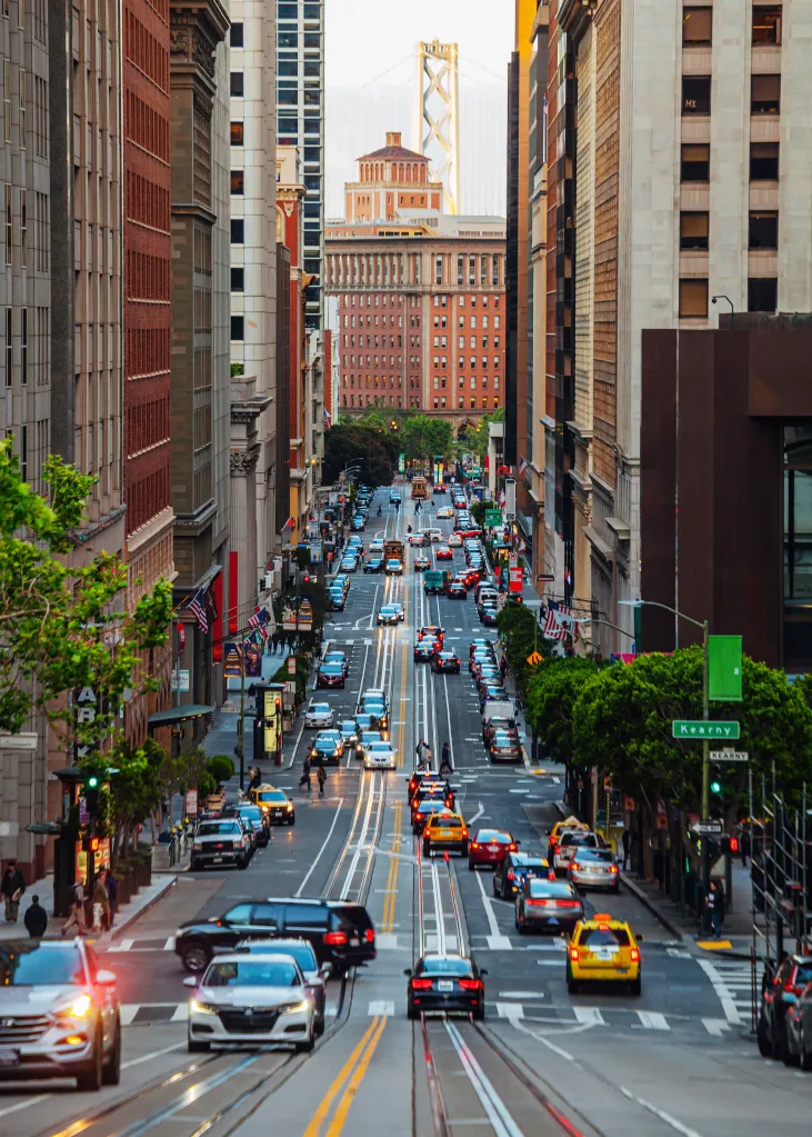 Traffic on a busy street in San Francisco, California.