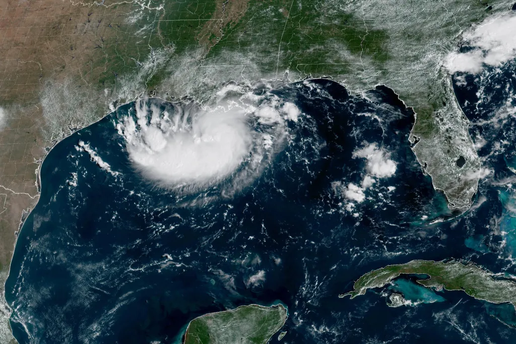 A satellite image released by NOAA shows Potential Tropical Cyclone Five forming over the Gulf of Mexico on Monday, Aug. 31, 2026.