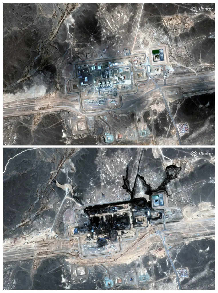 Satellite imagery of the Saudi Arabia East-West pipeline before and after an attack.