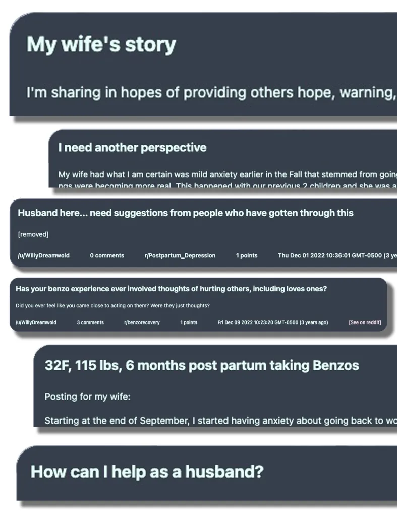 Screen grabs from a Reddit archive of Patrick Clancy's posts, showing several post titles and excerpts discussing his wife's anxiety, postpartum depression, and thoughts of harming others.