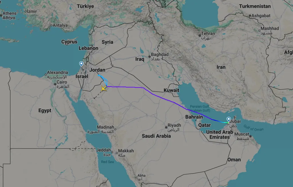 Flightradar24 screengrab showing a flydubai flight to Israel diverted to Saudi Arabia.