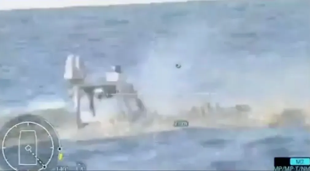 Ukrainian naval drone destroying a Russian unmanned boat in the Black Sea.