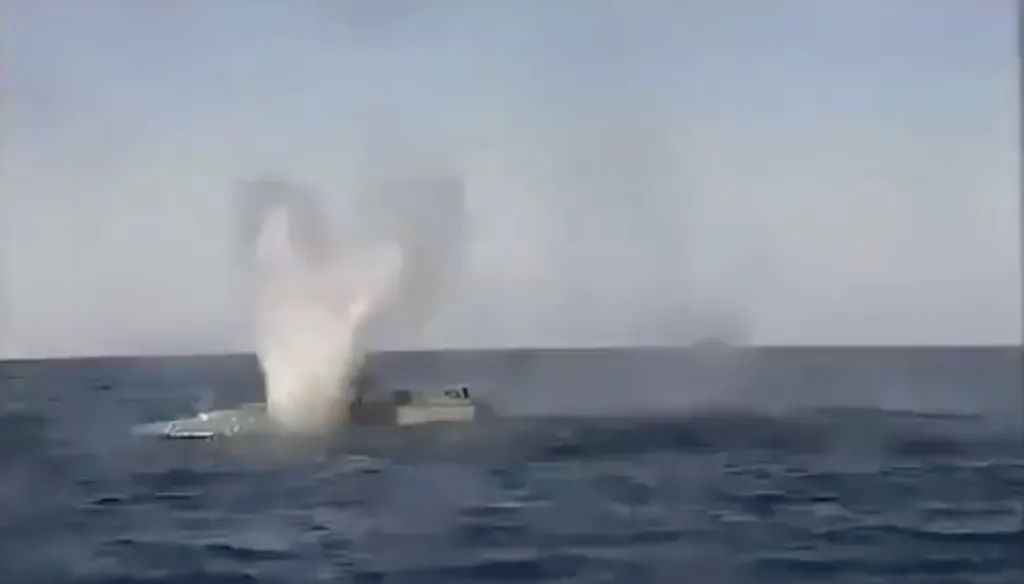 A Ukrainian naval drone destroying a Russian unmanned boat in the Black Sea.
