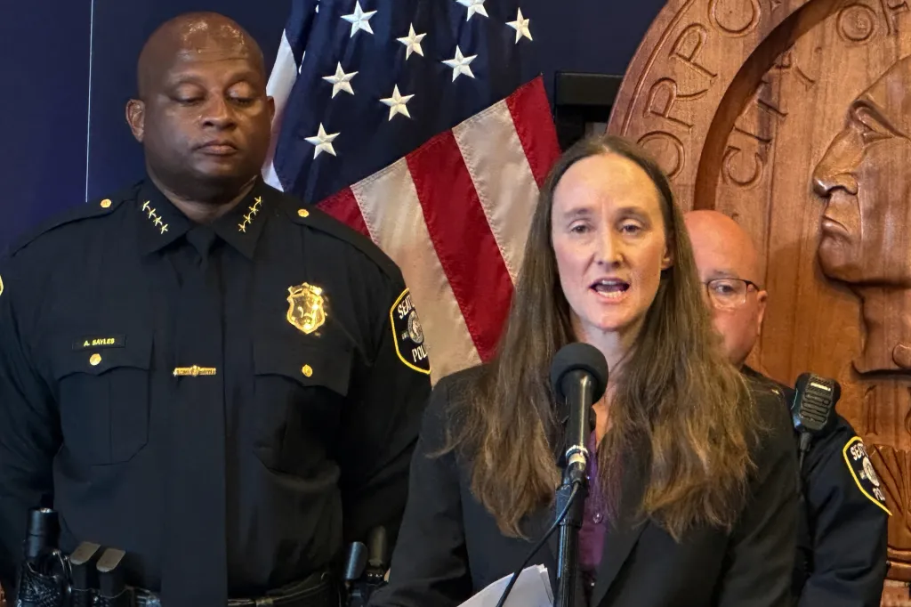 Seattle Mayor Katie Wilson holds a news conference to introduce Andre Sayles as interim police chief on Friday, July 31, 2026, in Seattle.