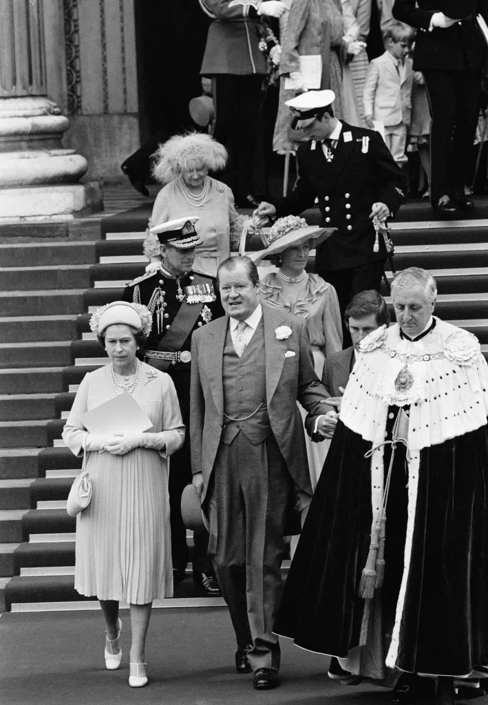The parents of the bride and members of the British royal family attending the wedding of Prince Charles and Lady Diana Spencer.