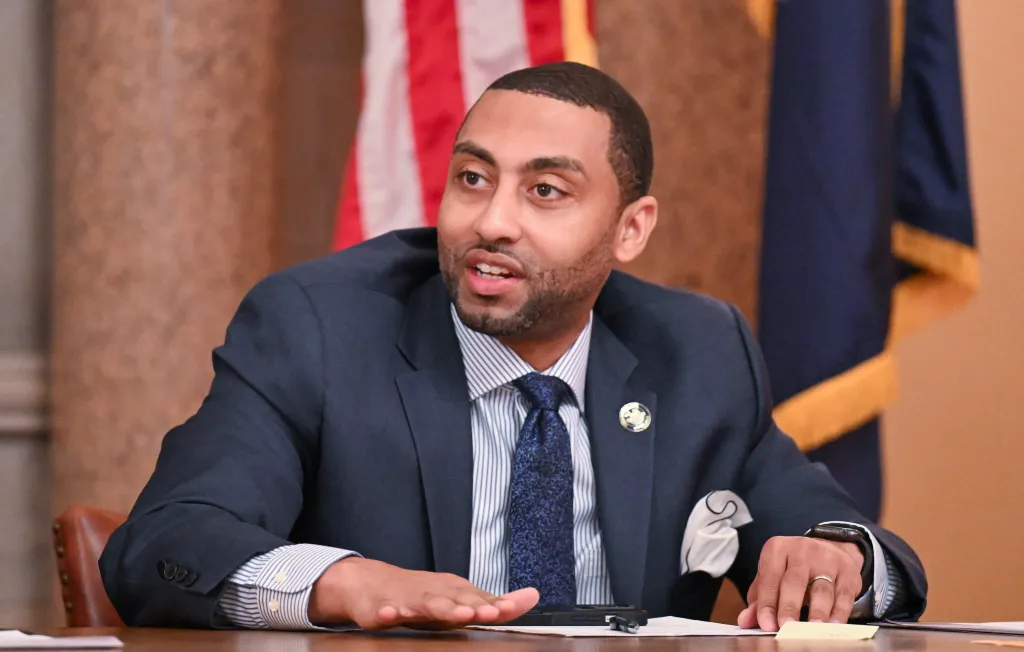 Sen. Jamaal T. Bailey asking Steven James a question during testimony.
