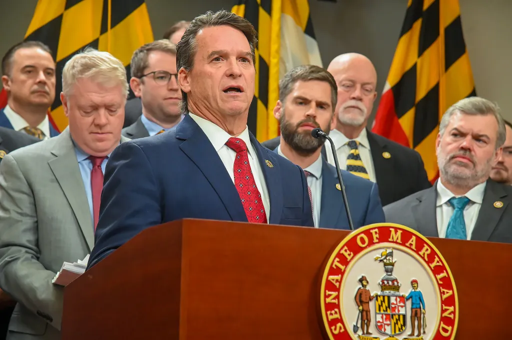 Senate Minority Leader Steve Hershey addresses the media with other Maryland Republican leaders regarding Gov. Wes Moore's proposed budget and tax cuts.