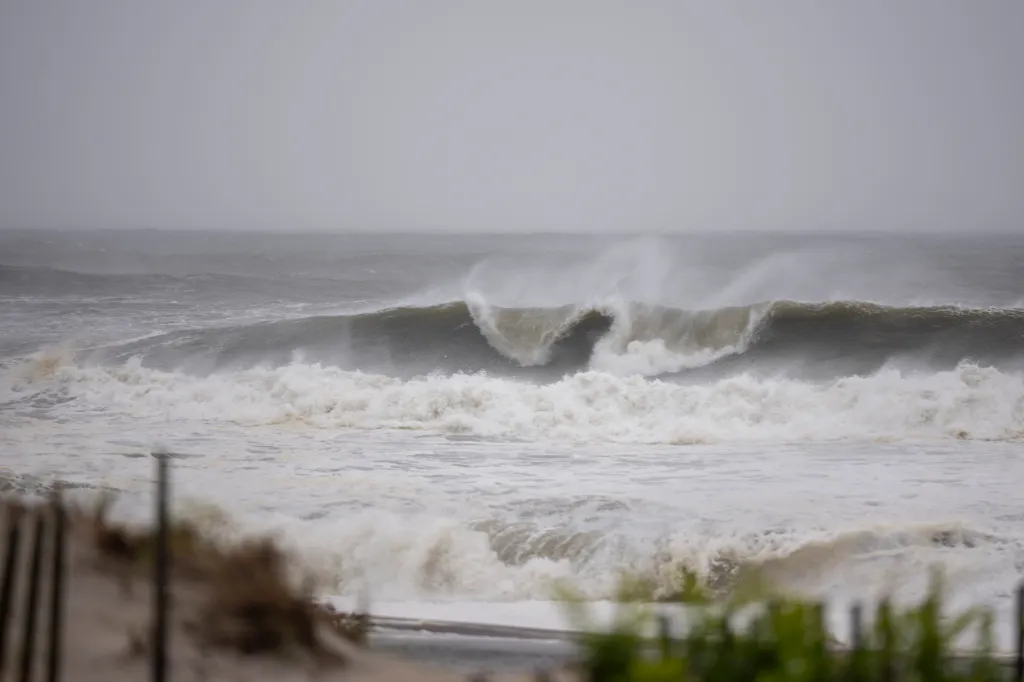 Ocean waves crash at Robert Moses State Park as a swimmer was reported missing at the popular Long Island beach as a nor'easter struck the region on Sept. 26, 2026.