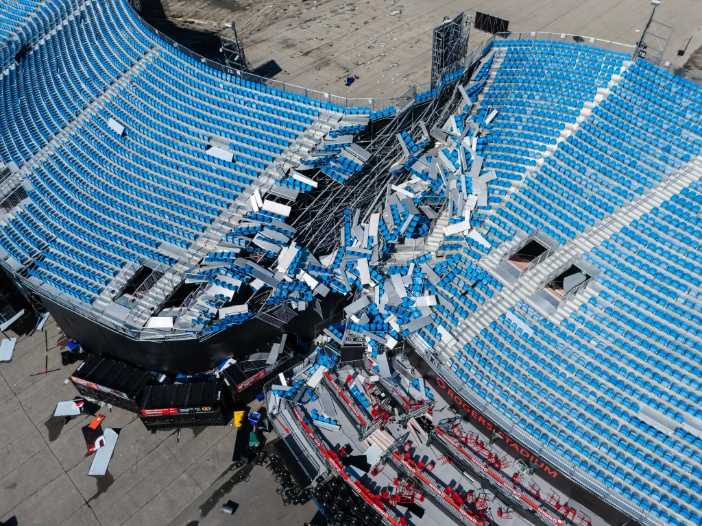 Aerial view of several sections of the Northern seating area at Rogers Stadium in North York damaged by a storm.