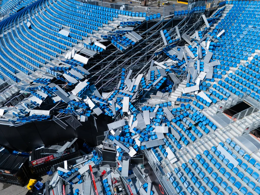 Damaged seating in the Northern section of Rogers Stadium after an intense storm.