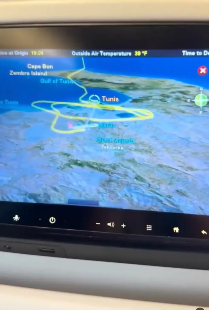 Flight path of a Turkish Airlines flight to Tunisia, showing a turbulent flight path with several loops near the coast.