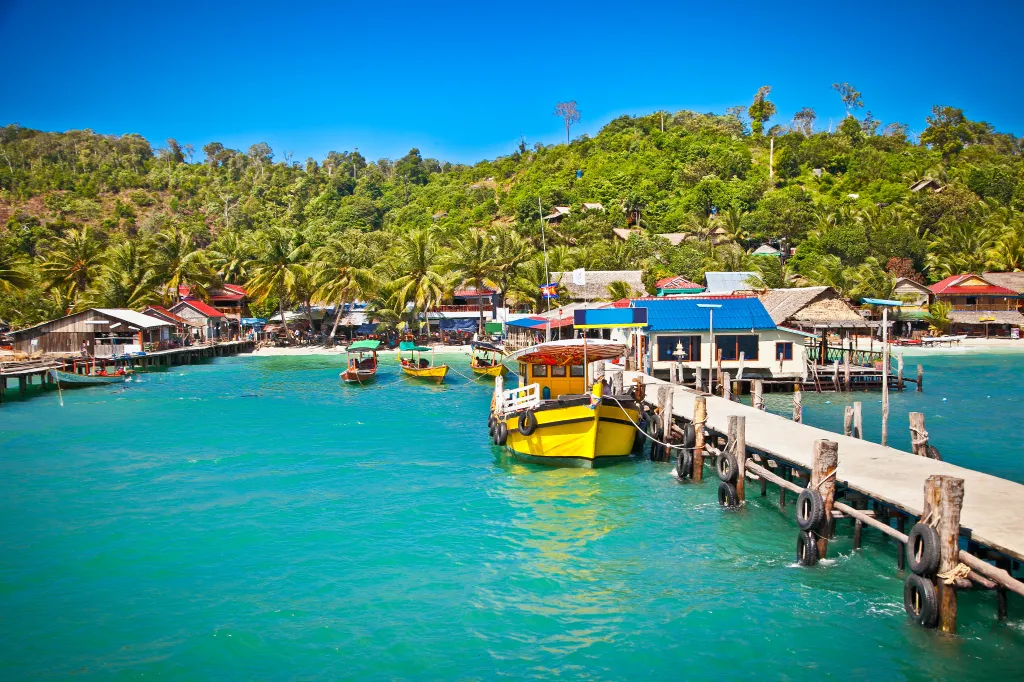 A ship docked at a pier on Koh Rong Island, Cambodia.