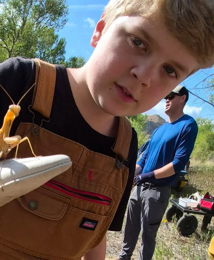 A young boy in overalls holding a praying mantis on his gloved hand.