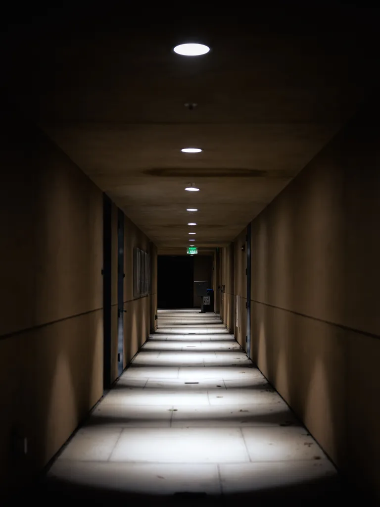 A dimly lit hallway with a green exit sign at the far end.