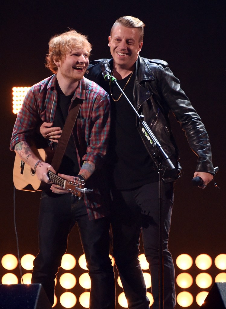 Ed Sheeran and Macklemore perform during the 2014 iHeartRadio Music Festival.