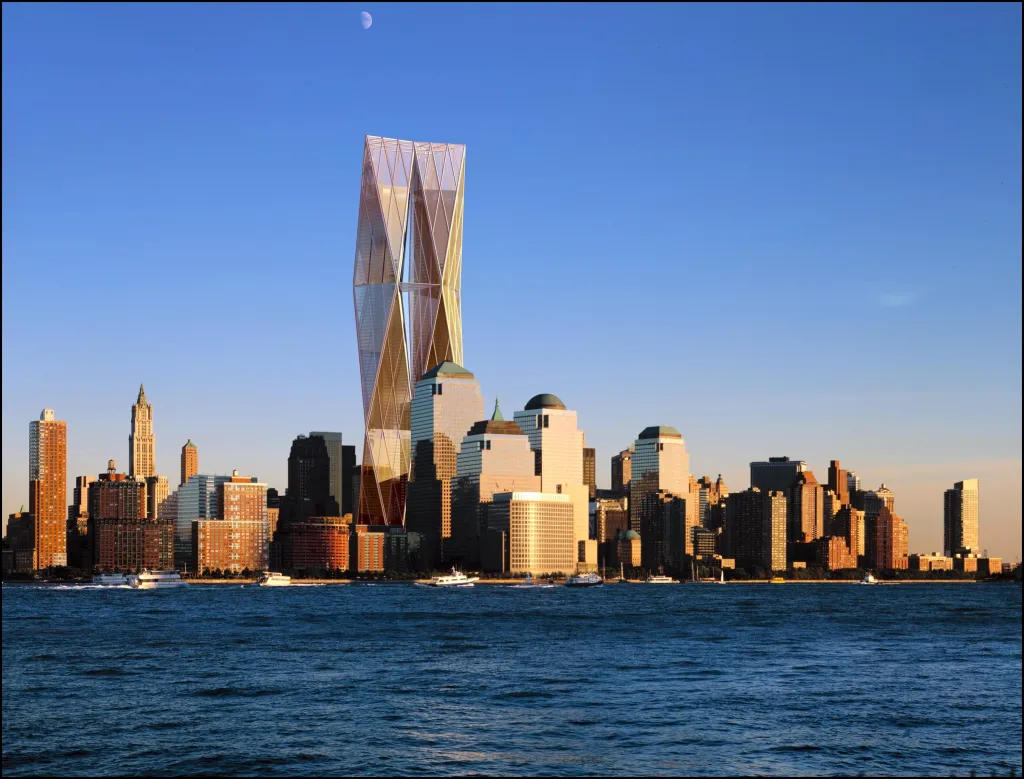 Illustration of Sir Norman Foster's design for the World Trade Center, a geometric skyscraper, integrated into the New York City skyline.