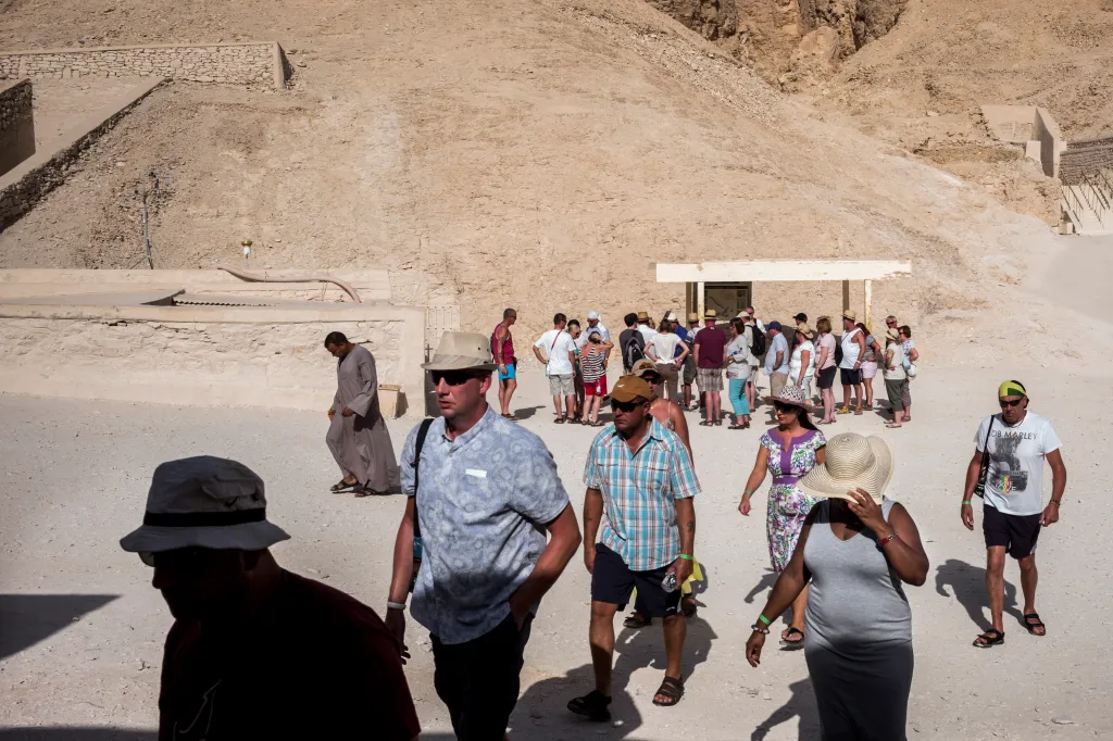 Tourists wait outside the Tomb of Tutankhamun in the Valley of the Kings.