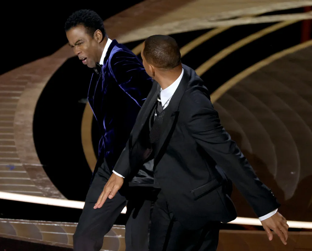 Will Smith appears to slap Chris Rock onstage at the 94th Annual Academy Awards.