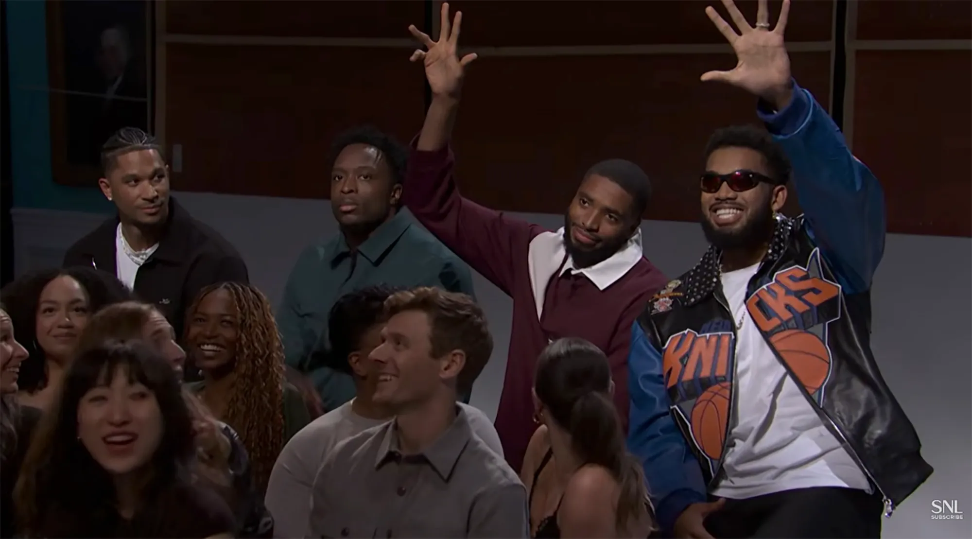 New York Knicks basketball players in the audience at SNL.