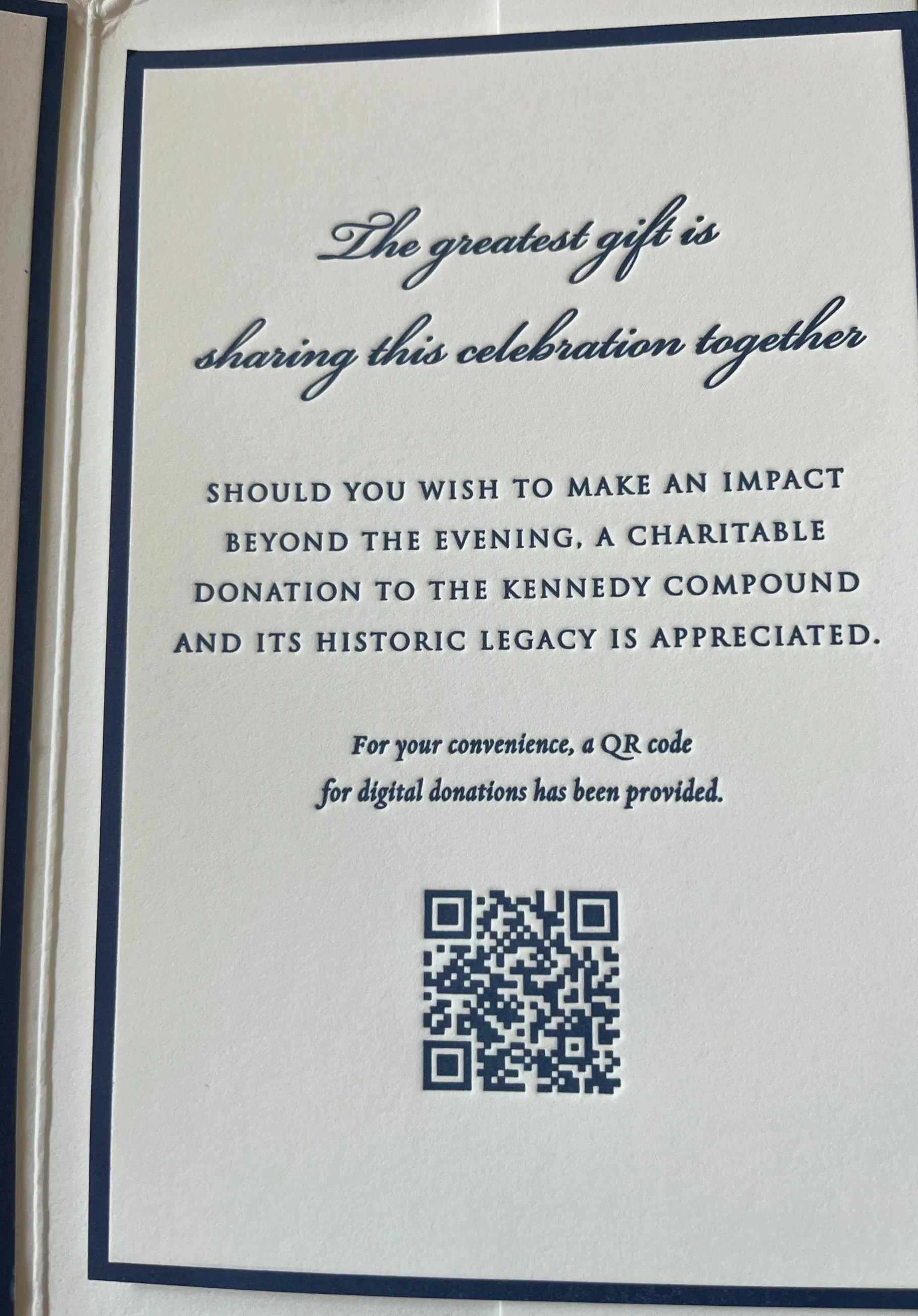 An invitation encouraging donations to the Kennedy Compound with a QR code for digital contributions.