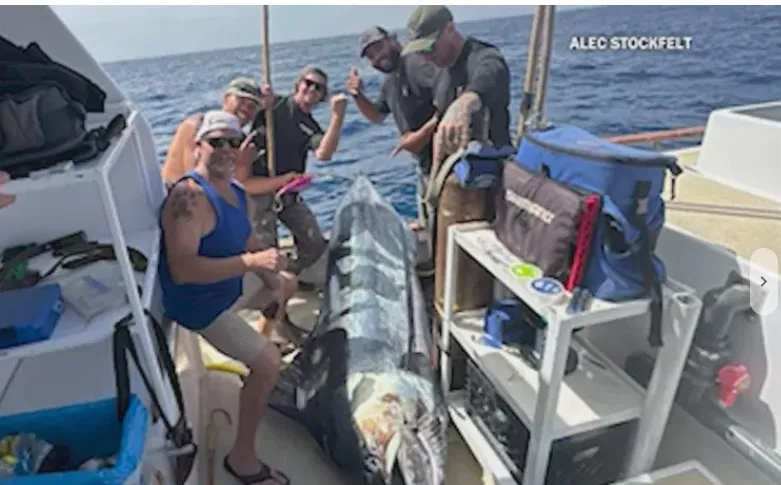 Southern California fishermen with a record-setting 648-pound blue marlin on their boat.