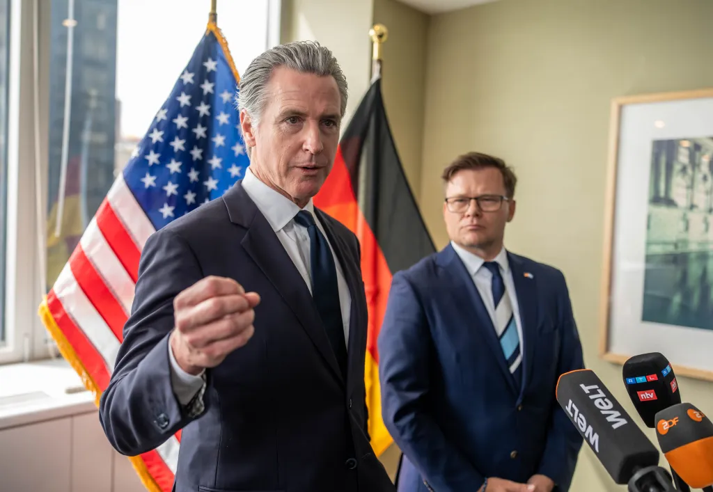 Gavin Newsom, Governor of California, speaks during a press briefing with Carsten Schneider, Federal Minister for the Environment, Climate Action, Nature Conservation, and Nuclear Safety.