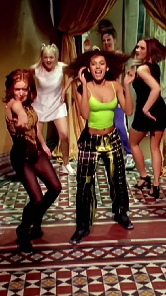 The Spice Girls dancing, Melanie Brown centered in a neon green top and plaid pants.