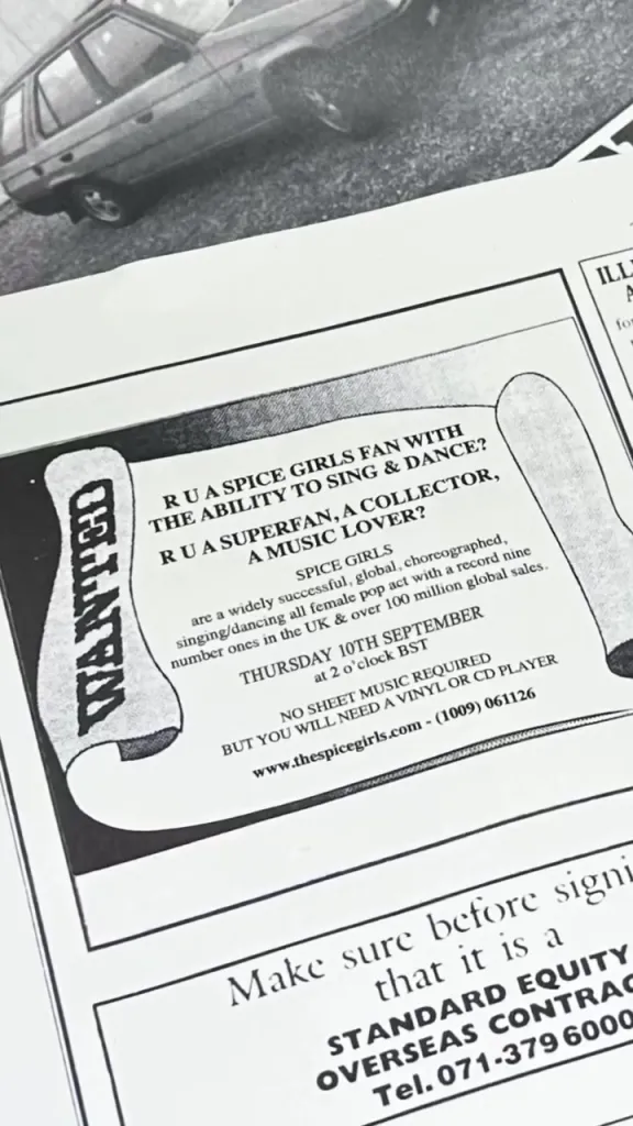 A newspaper advertisement looking for a Spice Girls fan with the ability to sing and dance for a casting on September 10th.