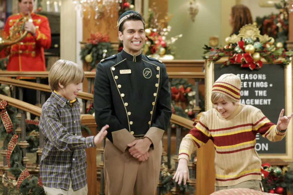 Adrian R'Mante as Esteban, Cole Sprouse, and Dylan Sprouse on the set of The Suite Life of Zack and Cody.