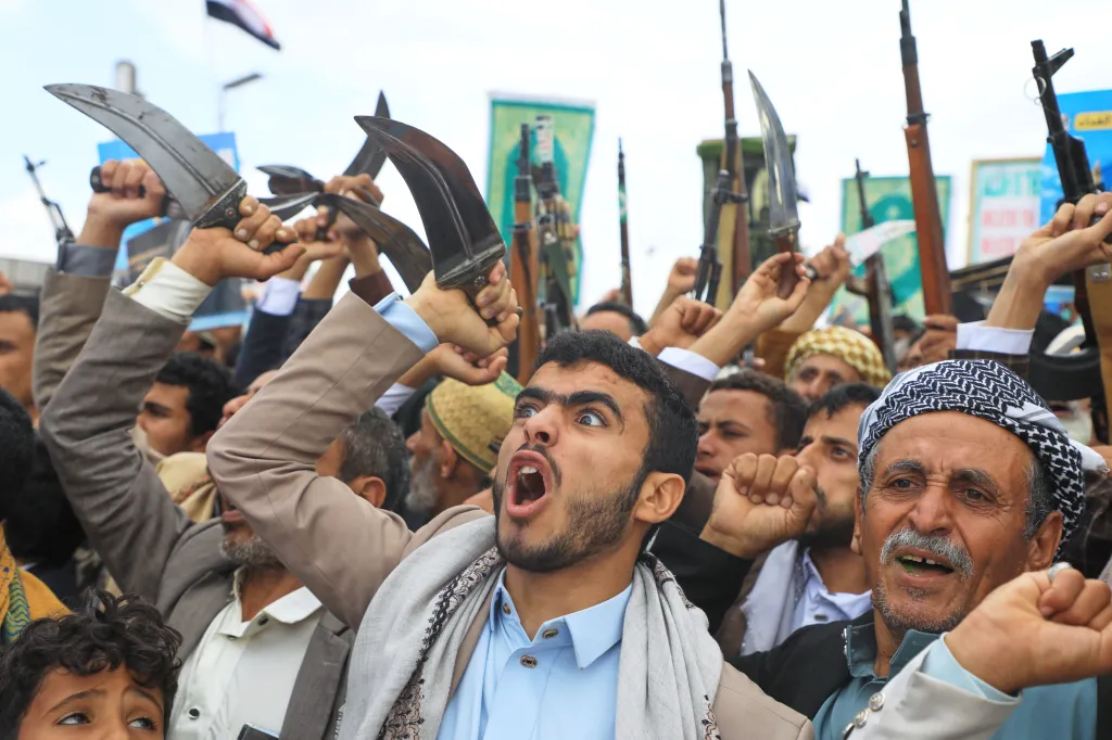 Supporters of Yemen's Houthi rebels shout slogans during a rally in Sanaa, Yemen.