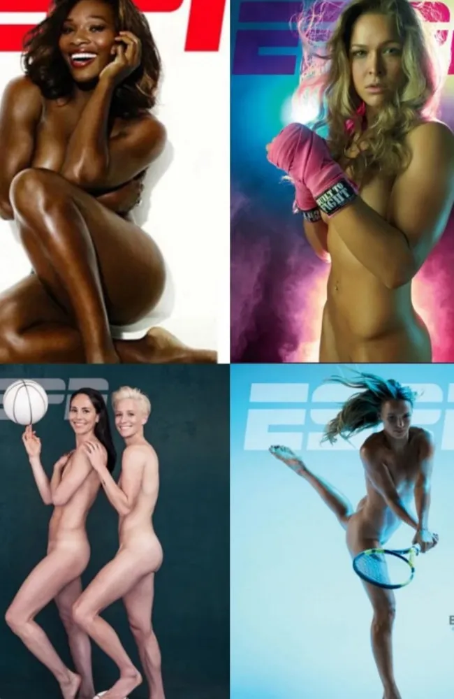 Collage of four ESPN magazine covers featuring nude female athletes Serena Williams, Ronda Rousey, Sue Bird and Megan Rapinoe, and Caroline Wozniacki.