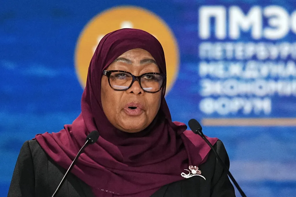 Tanzanian President Samia Suluhu Hassan speaks at the St. Petersburg International Economic Forum.