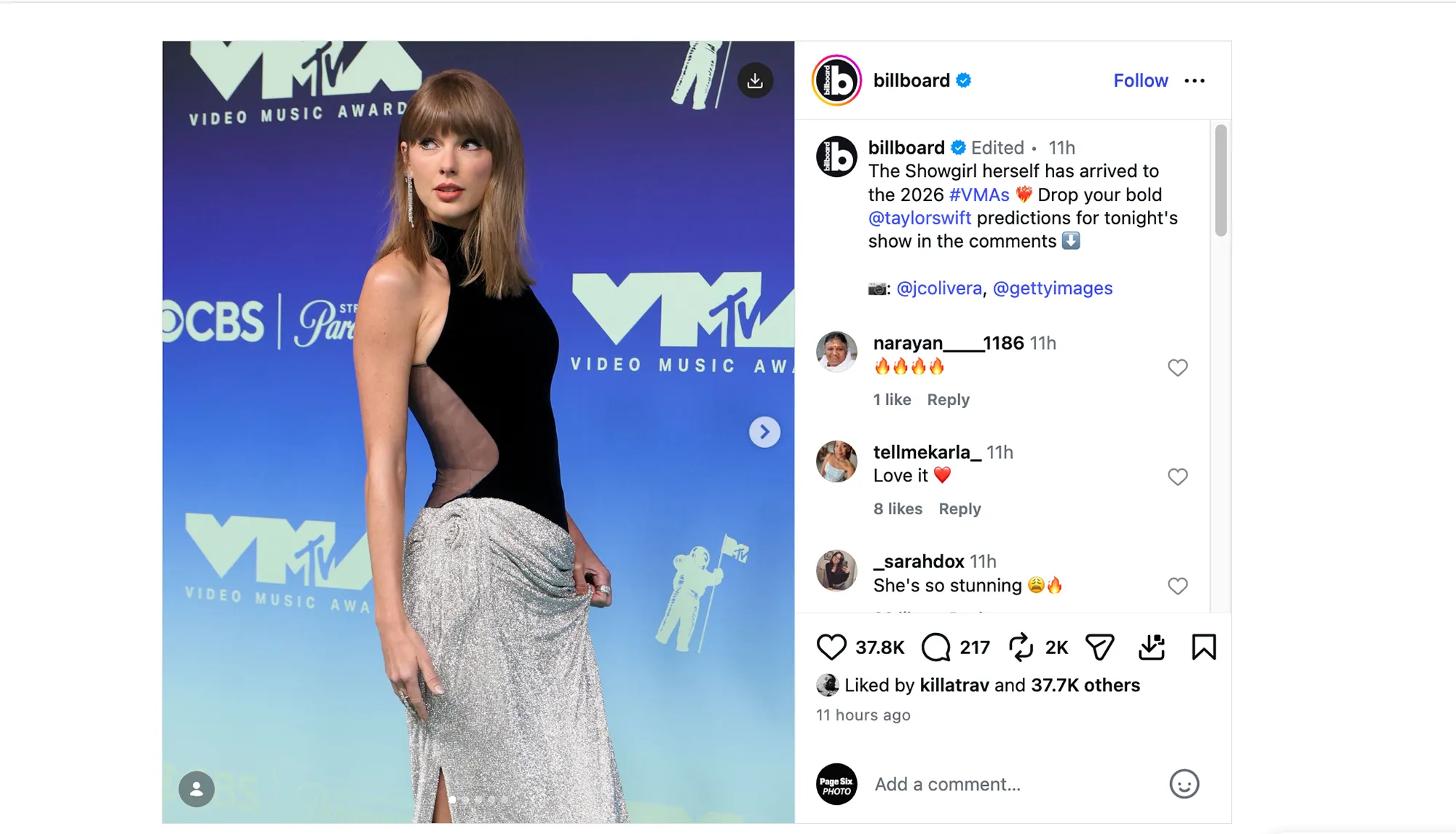 Taylor Swift in a black and silver dress at the MTV Video Music Awards.