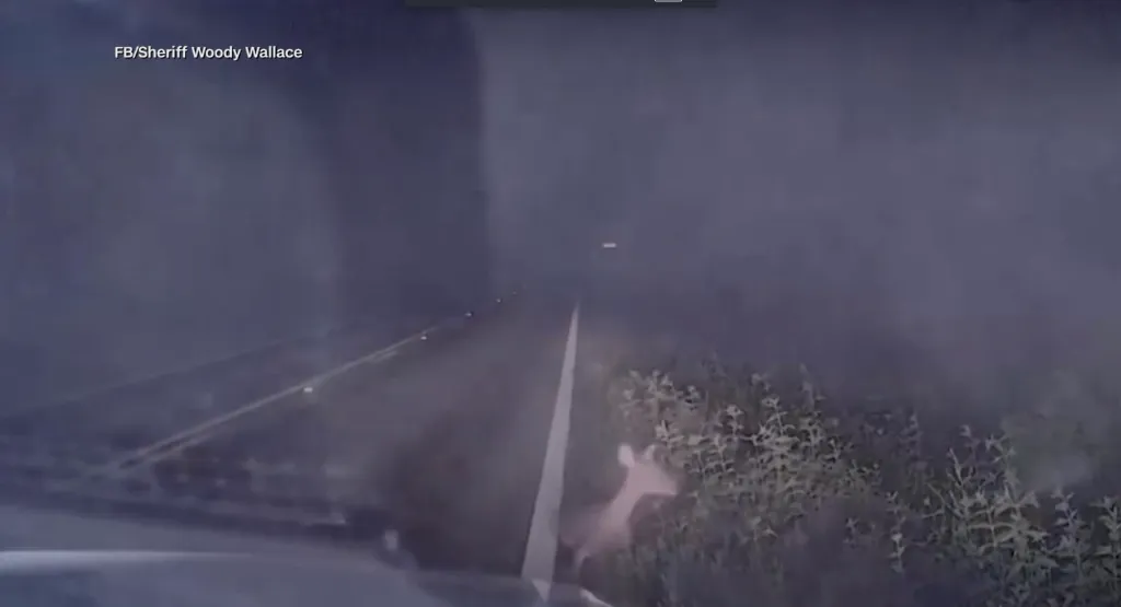 A video still from a patrol car's dashboard camera shows a deer jumping up from the side of a road at night.