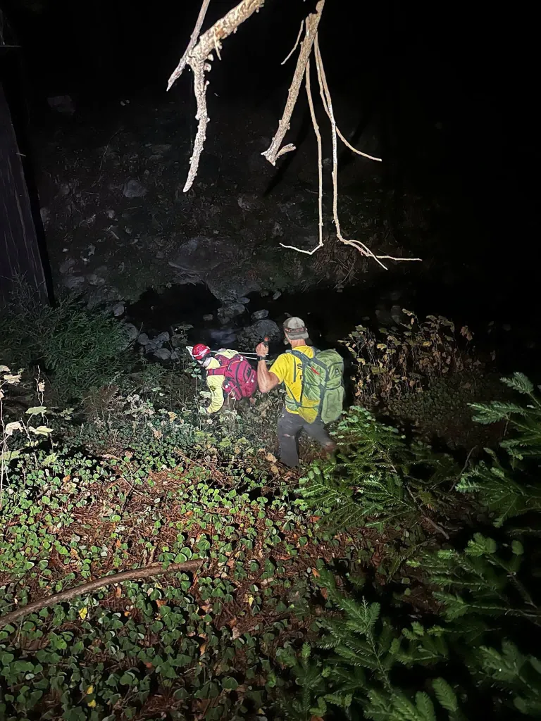 Two rescuers pull a third person, a hiker, on a stretcher through dense brush at night.