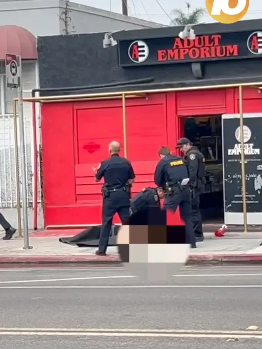 Police officers investigate an incident outside an Adult Emporium store where three people and a K-9 were injured in an officer-involved shooting.