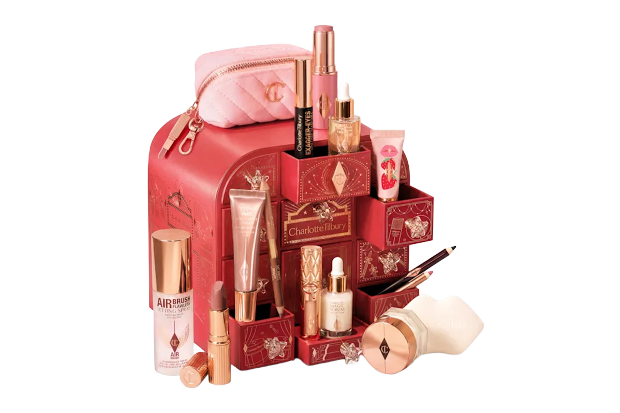 An advent calendar full of Charlotte Tilbury makeup products and a pink makeup bag on top.