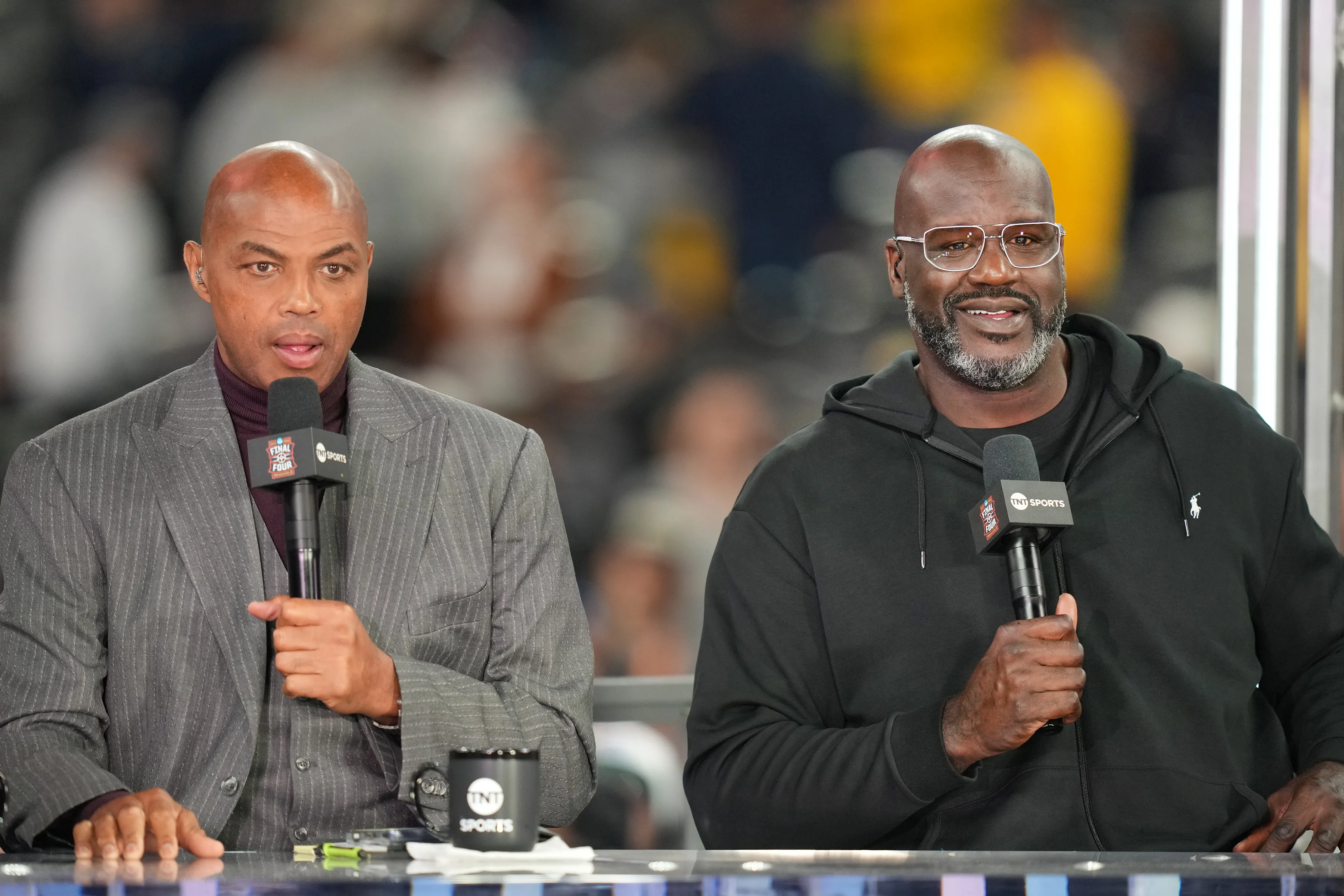 TNT college basketball analyst Charles Barkley and former basketball player Shaquille O'Neal on air before the National Championship of the 2026 NCAA Men's Basketball Tournament.