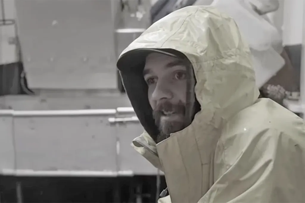 Todd Meadows in a yellow hooded jacket, looking up.