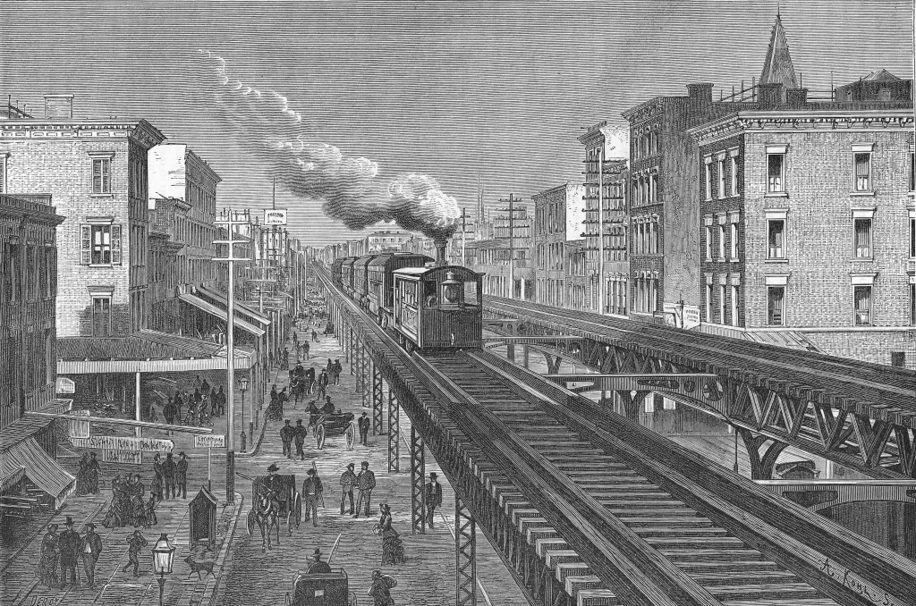 Illustration of a train on an elevated double track railway over a busy street in New York City, circa 1880.
