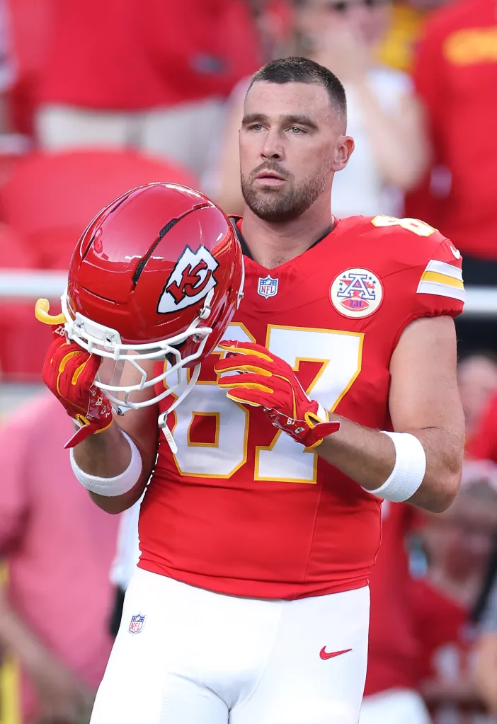 Travis Kelce #87 of the Kansas City Chiefs looks on prior to the game.