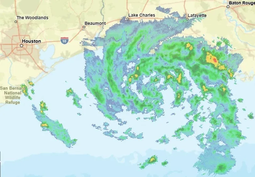 Tropical Storm Edouard is shown on radar as it crawls westward in the early morning hours on Tuesday.