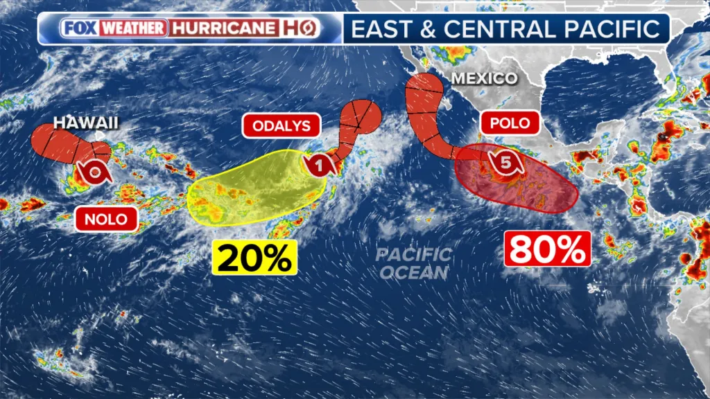 Illustration of Tropical Storm Nolo approaching Hawaii.