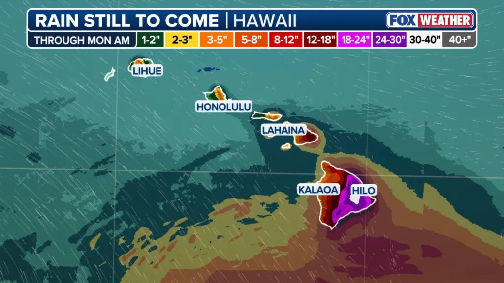 Weather map showing expected rainfall in Hawaii, with Hilo and Kalaoa forecast to receive the most rain.