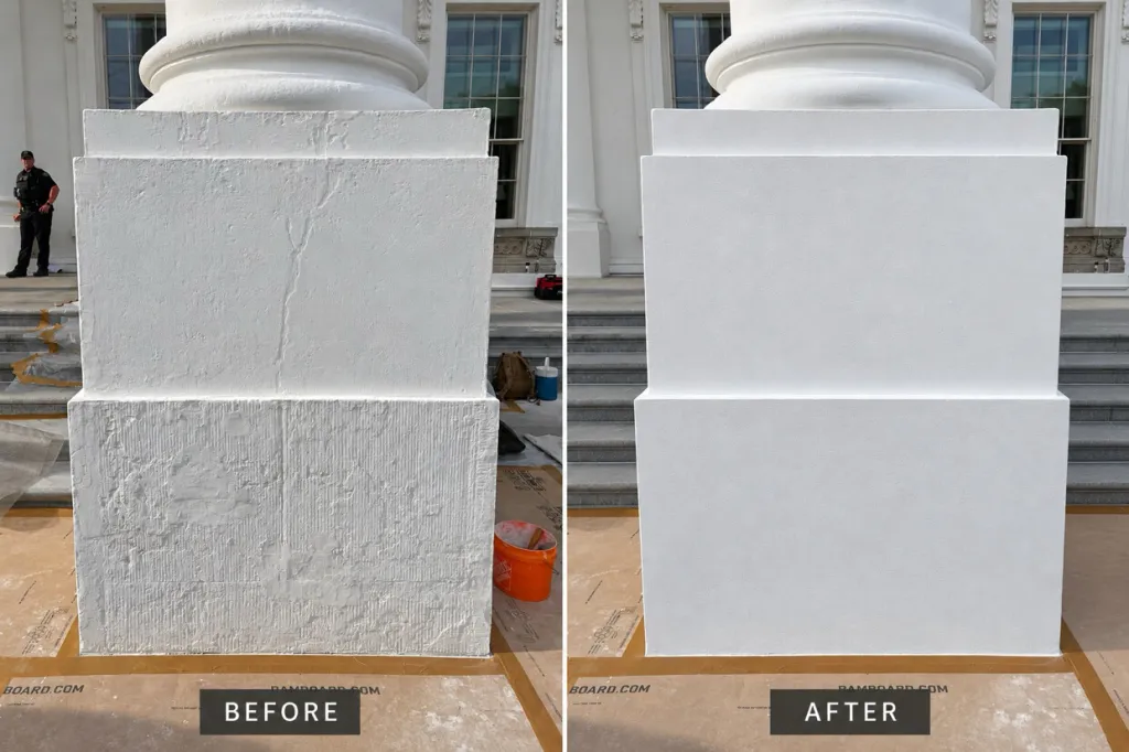 Before and after images of a White House column base, showing a renovated, smooth white surface on the right compared to a cracked, textured surface on the left.
