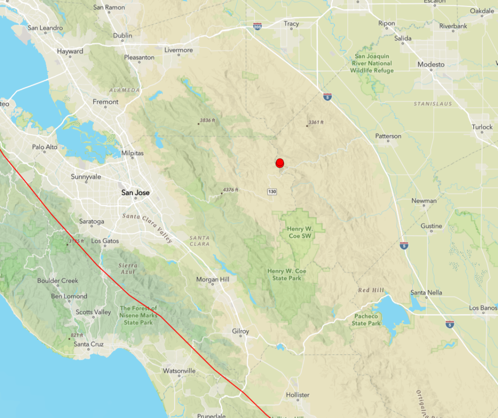 Map of Northern California showing the epicenter of two earthquakes east of San Jose.