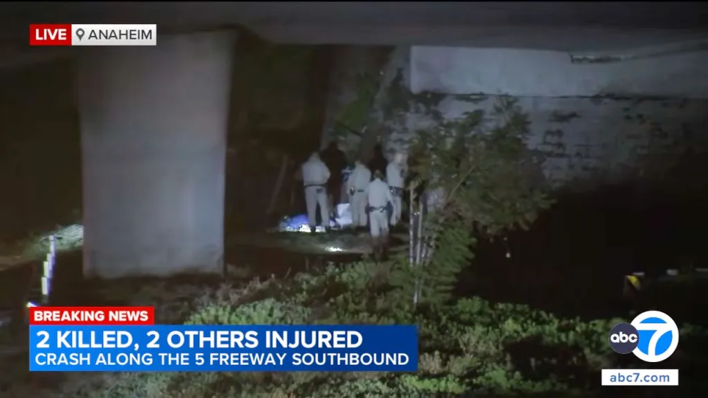 Police investigate a crash under a freeway overpass in Anaheim, where two people were killed and two others injured.