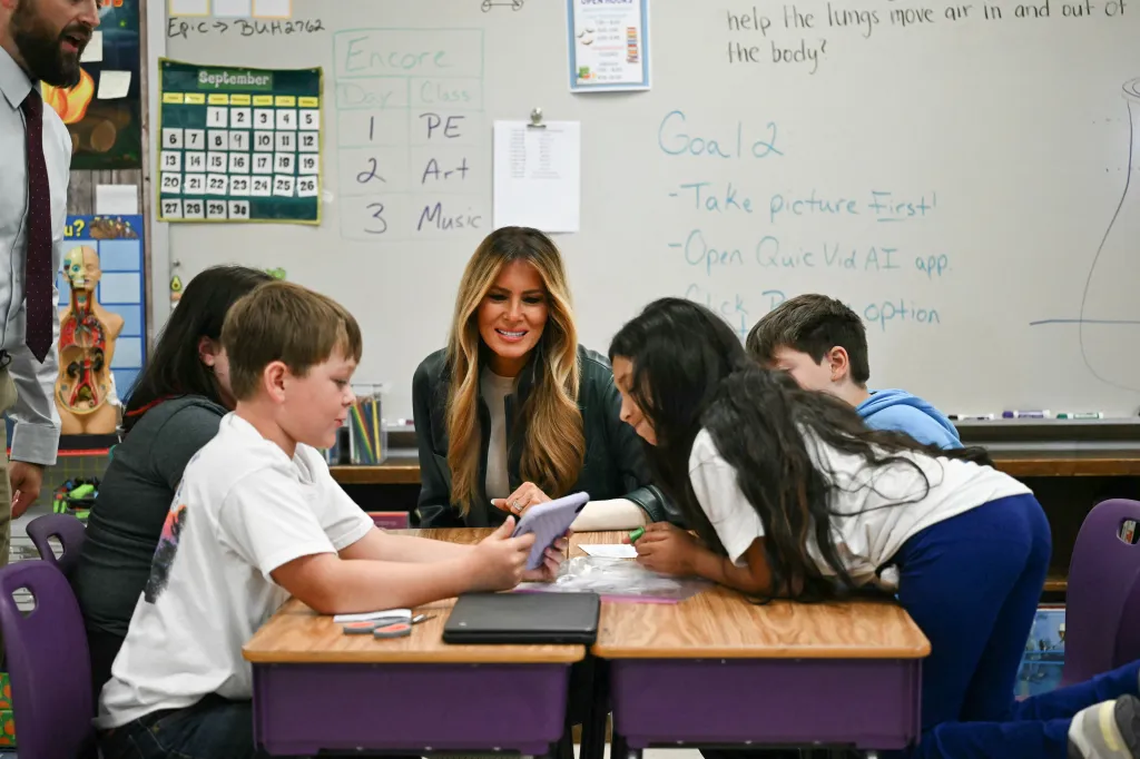 First Lady Melania Trump with students at Mountain View Elementary School.