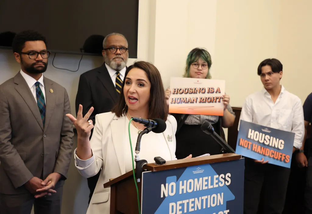 U.S. Rep. Delia Ramirez speaks during a press conference on the No Homeless Detention Centers Act.
