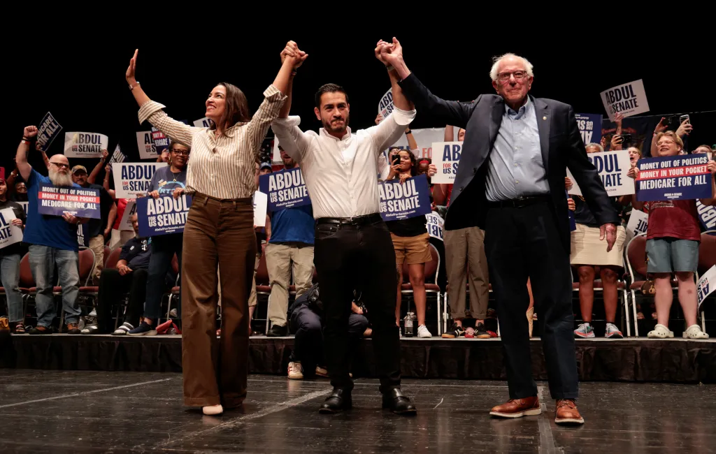 Sen. Bernie Sanders (I-VT) and Rep. Alexandria Ocasio-Cortez (D-NY) rally with Senate candidate Abdul El-Sayed in Detroit, Michigan, on July 18, 2026.